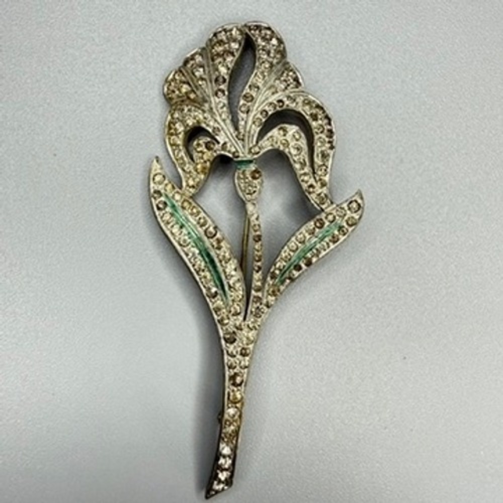 VTG Art Deco Pot Metal Floral Brooch c. 1930s Large Silver Tone Rhinestones - Picture 2 of 8